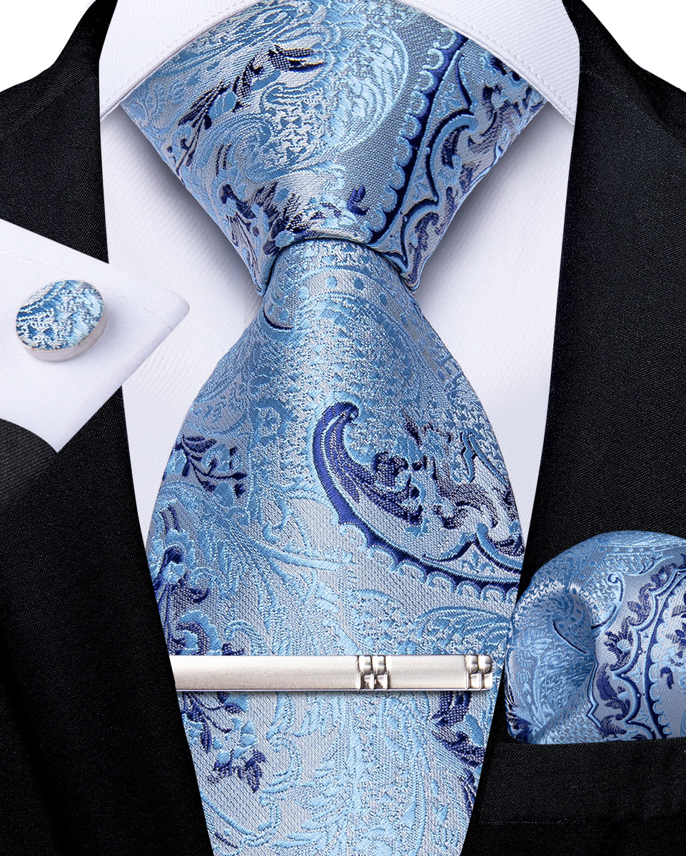Classy Azure Floral Men's Tie Pocket Square Cufflinks Clip Set
