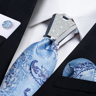 4PC Blue Floral Men's Tie Handkerchief Cufflinks Accessory Set