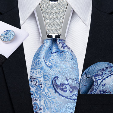 4PC Blue Floral Men's Tie Handkerchief Cufflinks Accessory Set