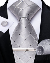 Classy Silver Grey Lattice Men's Tie Pocket Square Cufflinks Clip Set