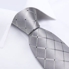 Classy Silver Grey Lattice Men's Tie Pocket Square Cufflinks Clip Set