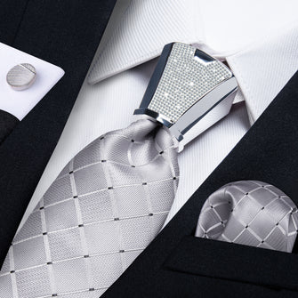 businees tie design silk mens black suit grey tie pocket square cufflinks set with tie accessory ring set