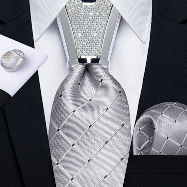 4PCS Silver Grey Lattice Men's Tie Handkerchief Cufflinks Accessory Set