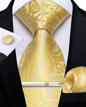 Classy Yellow Floral Men's Tie Pocket Square Cufflinks Clip Set