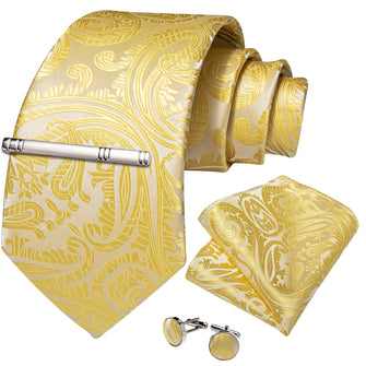 Classy Yellow Floral Men's Tie Pocket Square Cufflinks Clip Set