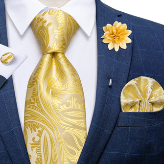 Yellow Floral Silk Men's Necktie Handkerchief Cufflinks Set With Lapel Pin Brooch Set