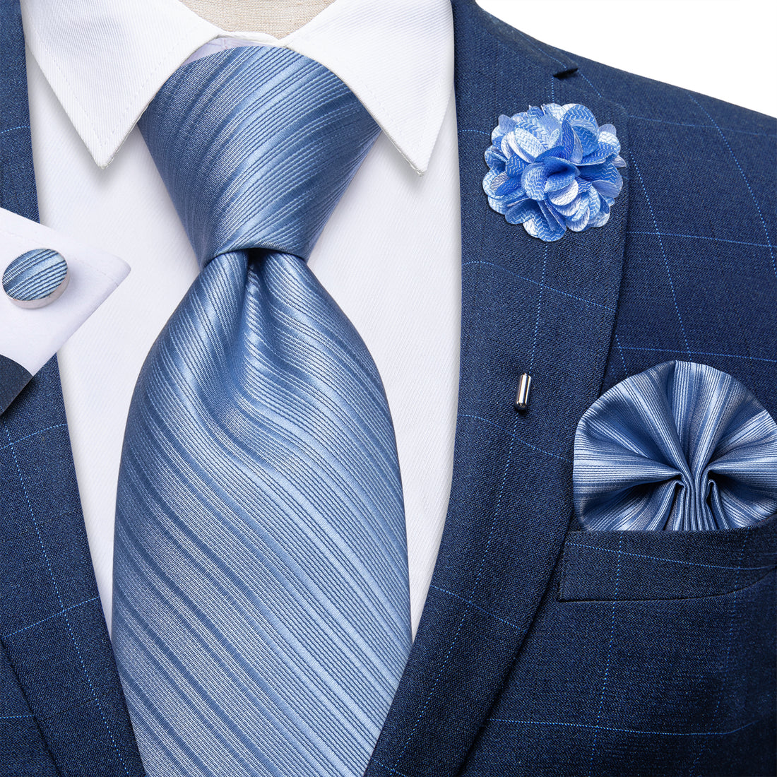Blue Stripe Silk Men's Necktie Handkerchief Cufflinks Set With Lapel Pin Brooch Set