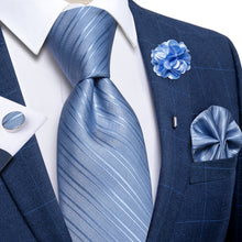 Blue Stripe Silk Men's Necktie Handkerchief Cufflinks Set With Lapel Pin Brooch Set