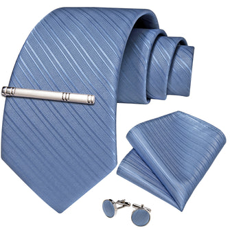 Classy Blue Stripe Men's Tie Pocket Square Cufflinks Clip Set