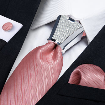 4PC Pink Red Stripe Men's Tie Handkerchief Cufflinks Accessory Set