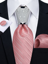 4PC Pink Red Stripe Men's Tie Handkerchief Cufflinks Accessory Set