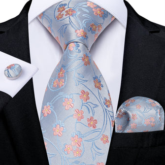 Cyan-Blue Floral Men's Tie Pocket Square Cufflinks Set
