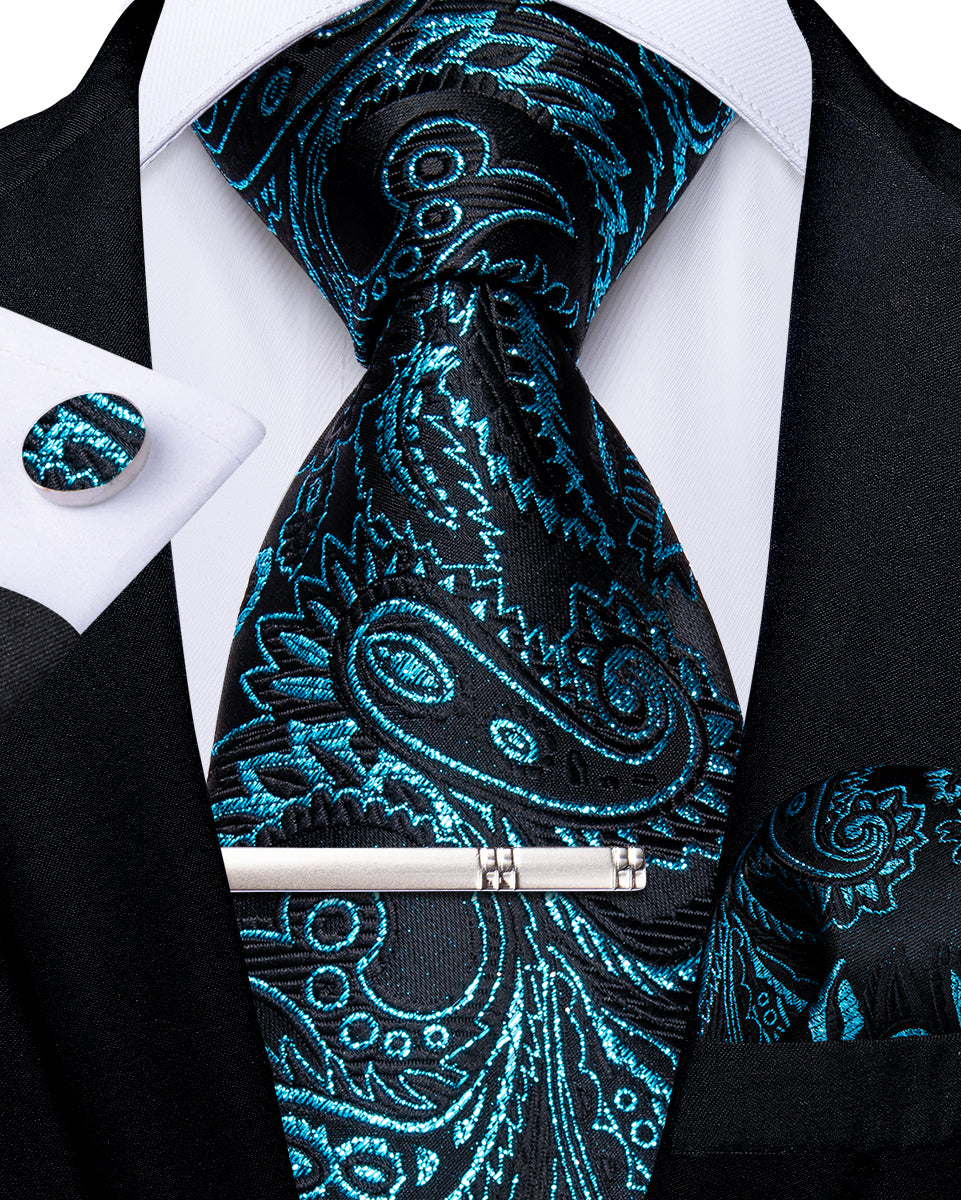 Light Blue Floral Men's Tie Handkerchief Cufflinks Clip Set