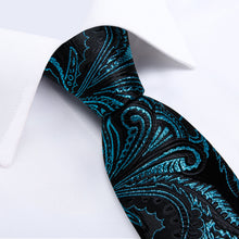 Light Blue Floral Men's Tie Handkerchief Cufflinks Clip Set