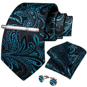 Light Blue Floral Men's Tie Handkerchief Cufflinks Clip Set