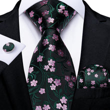 fashion black green pink floral ties handkerchief cufflinks set
