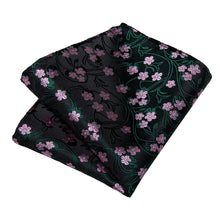 Black Silver Floral Men's Tie Pocket Square Cufflinks Set