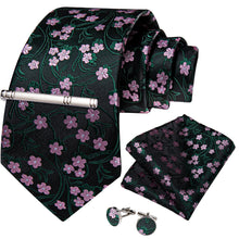 Black Silver Floral Men's Tie Handkerchief Cufflinks Clip Set
