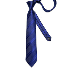 Blue Solid Stripe Men's Tie Handkerchief Cufflinks Clip Set