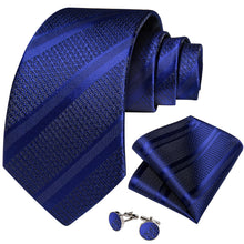 Blue Solid Stripe Men's Tie Pocket Square Cufflinks Set