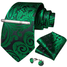 Green Floral Men's Tie Handkerchief Cufflinks Clip Set