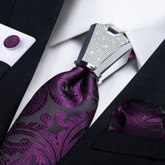fashion floral deep purple necktie pocket square cufflinks set with mens accessory ring set