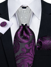 4PCS Black Purple Floral Men's Tie Handkerchief Cufflinks Accessory Set