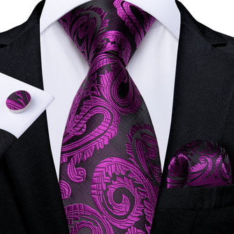 Purple Red Floral Men's Tie Pocket Square Cufflinks Set