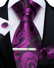 Purple Red Floral Men's Tie Handkerchief Cufflinks Clip Set