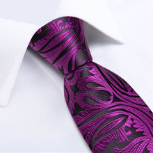 Purple Red Floral Men's Tie Handkerchief Cufflinks Clip Set