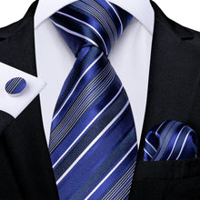 Blue White Stripe Men's Tie Pocket Square Cufflinks Set