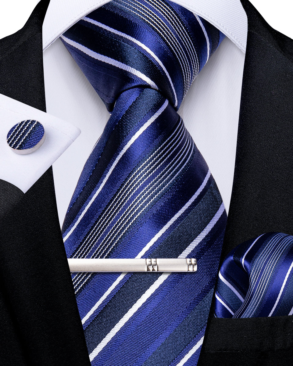 Silk Tie Blue White Stripe Men's Tie Handkerchief Cufflinks Clip Set
