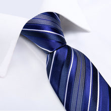 Blue Purple White Stripe Men's Tie Handkerchief Cufflinks Clip Set