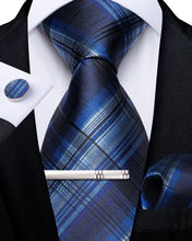 Black Blue Stripe Men's Tie Handkerchief Cufflinks Clip Set