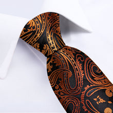Black Golden Floral Men's Tie Handkerchief Cufflinks Clip Set