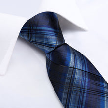 Black Blue Stripe Men's Tie Handkerchief Cufflinks Clip Set