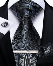 Black Silver Grey Floral Men's Tie Handkerchief Cufflinks Clip Set