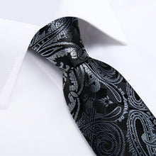 Black Silver Grey Floral Men's Tie Handkerchief Cufflinks Clip Set