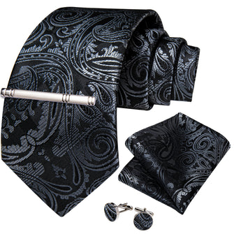 Black Silver Grey Floral Men's Tie Handkerchief Cufflinks Clip Set