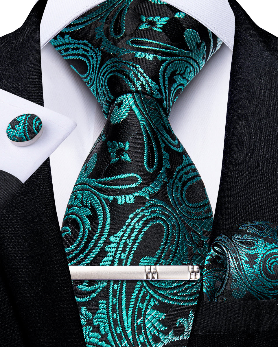 Black Green Floral Men's Tie Handkerchief Cufflinks Clip Set