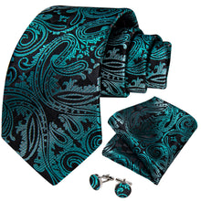Black Green Floral Men's Tie Pocket Square Cufflinks Set