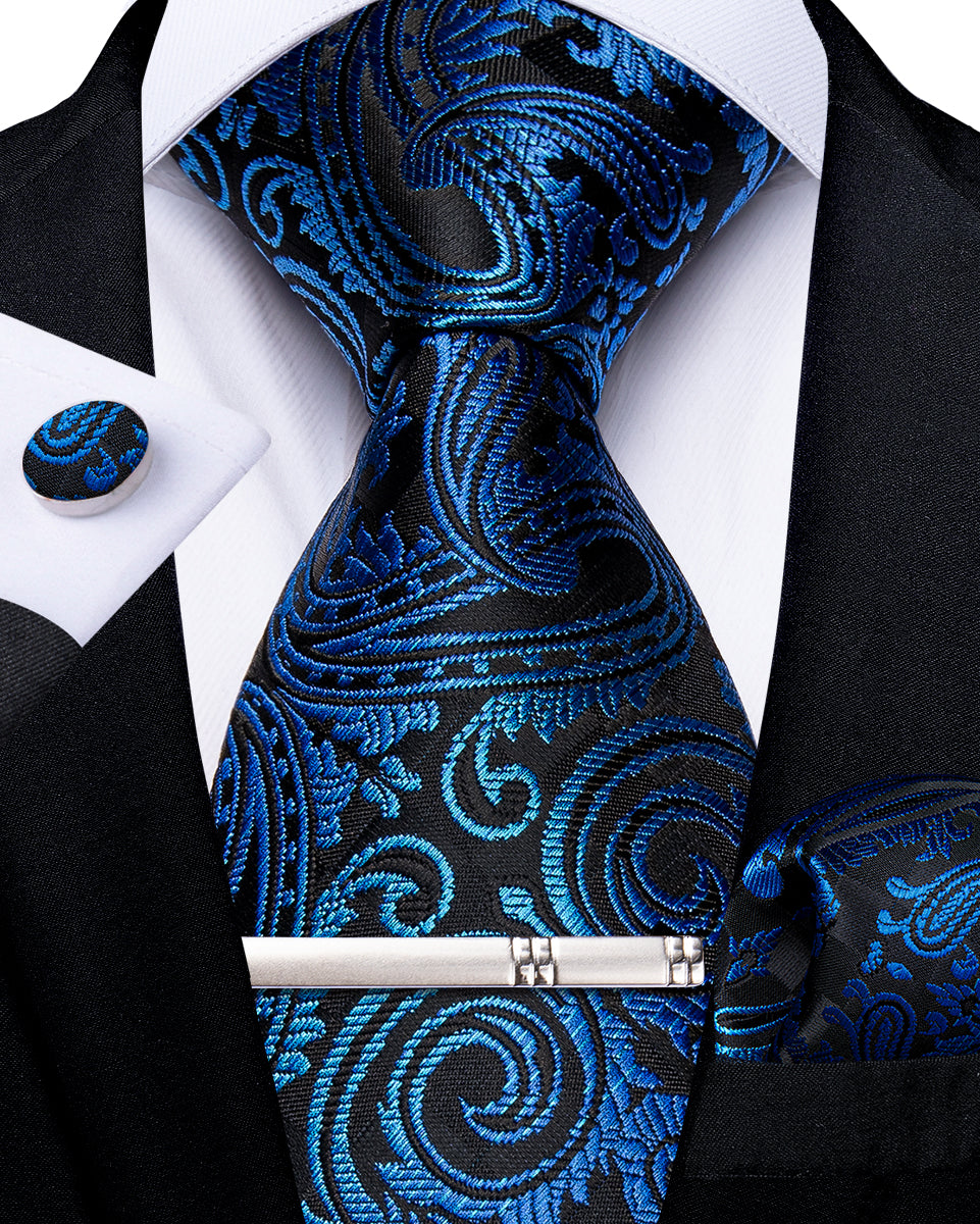 Black Blue Floral Men's Tie Handkerchief Cufflinks Clip Set