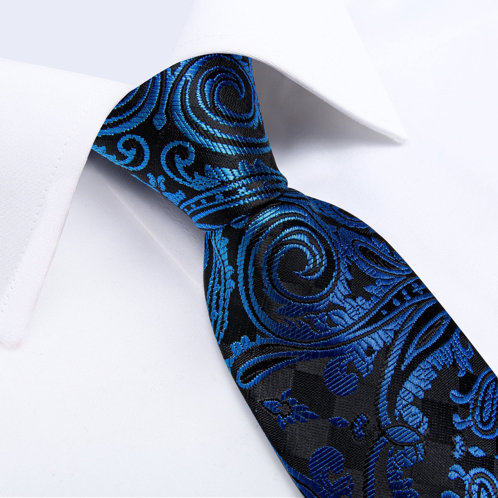 Black Blue Floral Men's Tie Handkerchief Cufflinks Clip Set
