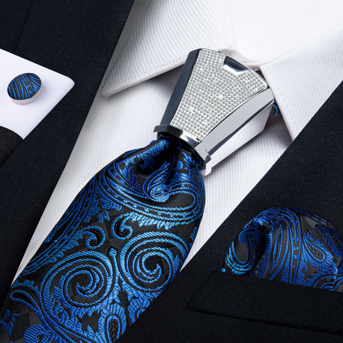high quality silk paisley black navy blue necktie pocket square cufflinks set for casual party