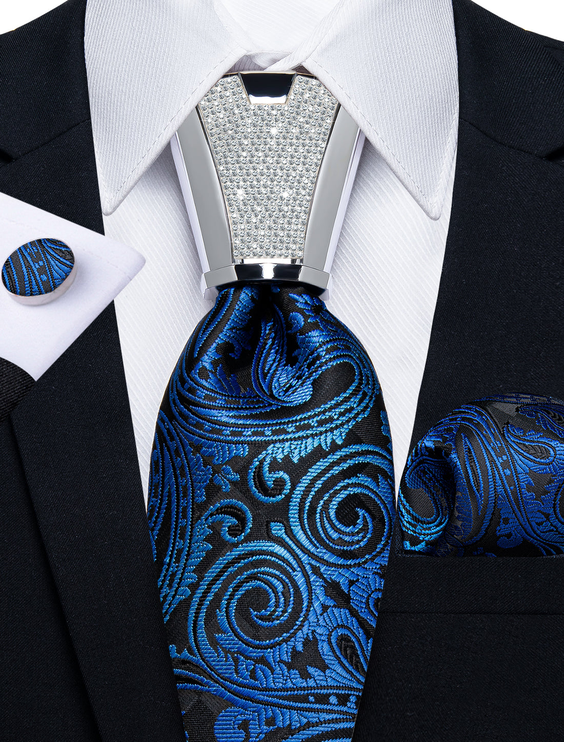 high quality silk paisley black navy blue necktie pocket square cufflinks set for casual party