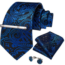 Black Blue Floral Men's Tie Handkerchief Cufflinks Clip Set
