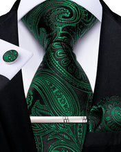Green Paisley Men's Tie Handkerchief Cufflinks Clip Set
