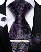 Black Purple White Floral Men's Tie Handkerchief Cufflinks Clip Set