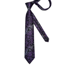 Black Purple White Floral Men's Tie Handkerchief Cufflinks Clip Set