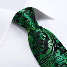 Green Golden Floral Men's Tie Handkerchief Cufflinks Clip Set